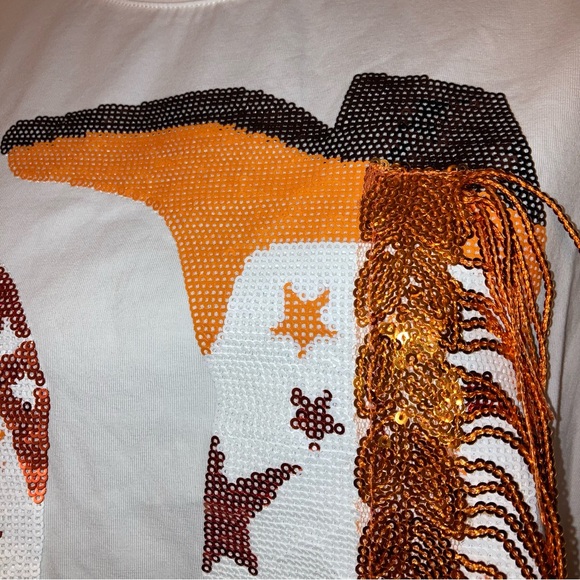 QUEEN OF SPARKLES Orange White Sequins Western Fringe Cowboy Boots Cowgirl Shirt - Picture 13 of 17